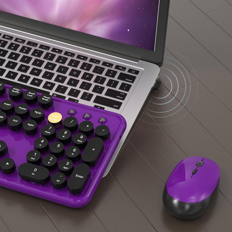 MPTOG Colorful Wireless Computer Keyboard and Mouse Combo with Round Typewriter Keycaps, Retro Design, Power Switch, Ergonomic Design, 2.4GHz Wireless for Windows, Mac, PC(Black-Purple) - Image 4